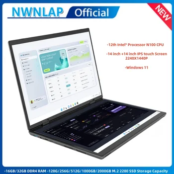 Dual Screen Laptop 14+14 Inch 2K Touch Screen Notebook 16GB Intel N100 CPU 360 Degree Flip Metal Case 2 in 1 Laptop Computer 1