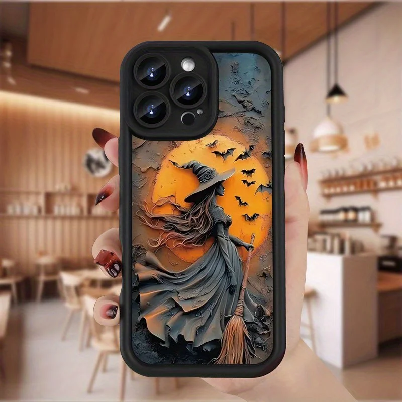Glowing Moonlight Witch Broom & Bat Silicone Phone Case
