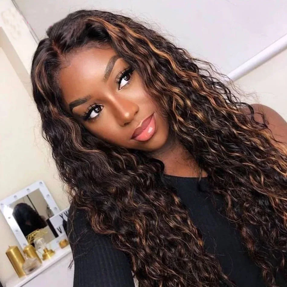 Highlight Dark Chocolate Brown Bouncy Curly V Part Wigs Unprocesse 100% Human Hair Glueless Ombre Blonde Water Wave Full U Shape