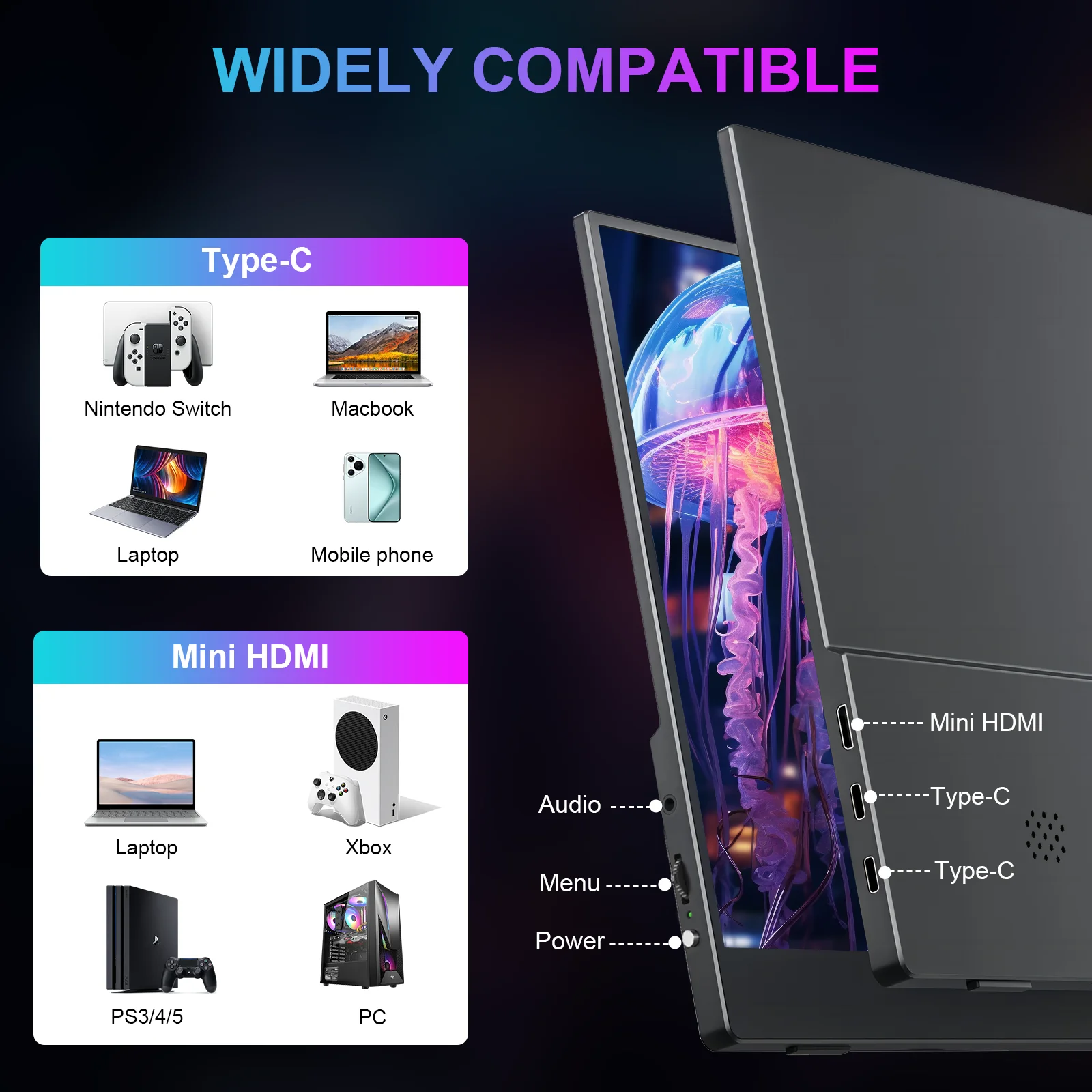 15.6인치 1080P 휴대용 터치 모니터 IPS 178 °   60Hz 45% NTSC 듀얼 스피커 타입-C 미니 HDMI(노트북 폰 스위치 PS4/5 Xbox용)