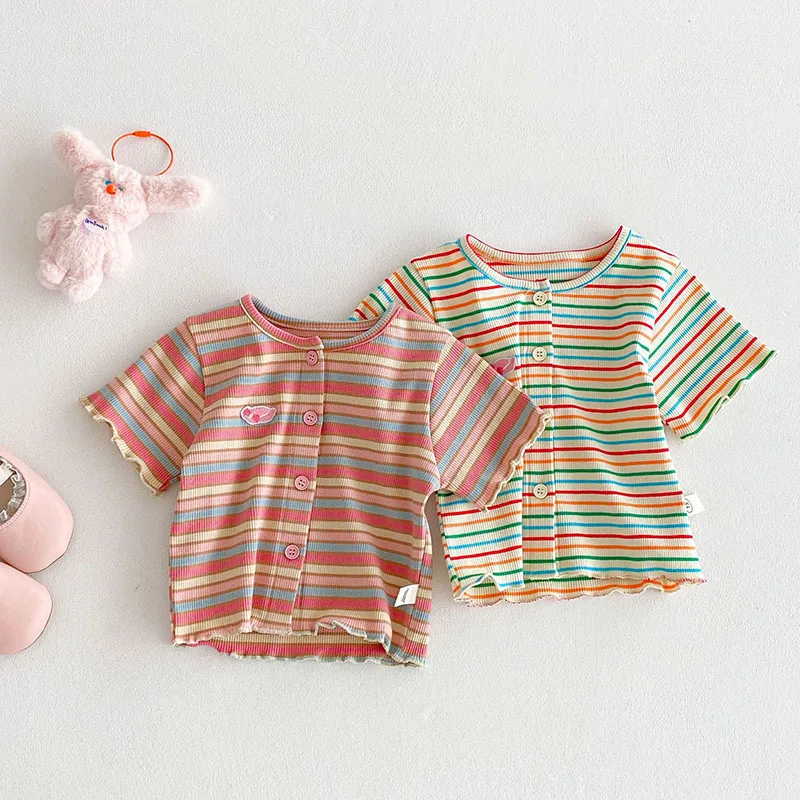 Girls Colorful Striped Short Sleeved Knitted Sweater