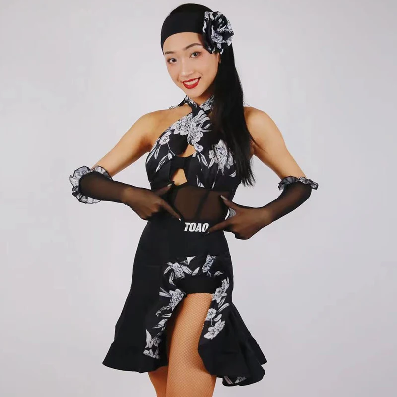 Vrouwen Latin Dance Performance Kostuum Rugloze Maillots Fishbone Rok Volwassen Cha Cha Rumba Dance Dress Wedstrijdkleding Dnv19164