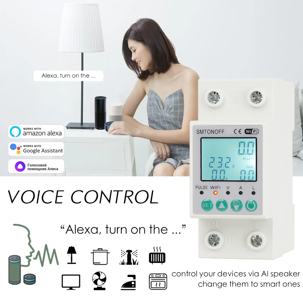 Tuya WiFi 2P 63A Bi-directional Measuring Prepaid kWh Meter Auto-reclosing Over