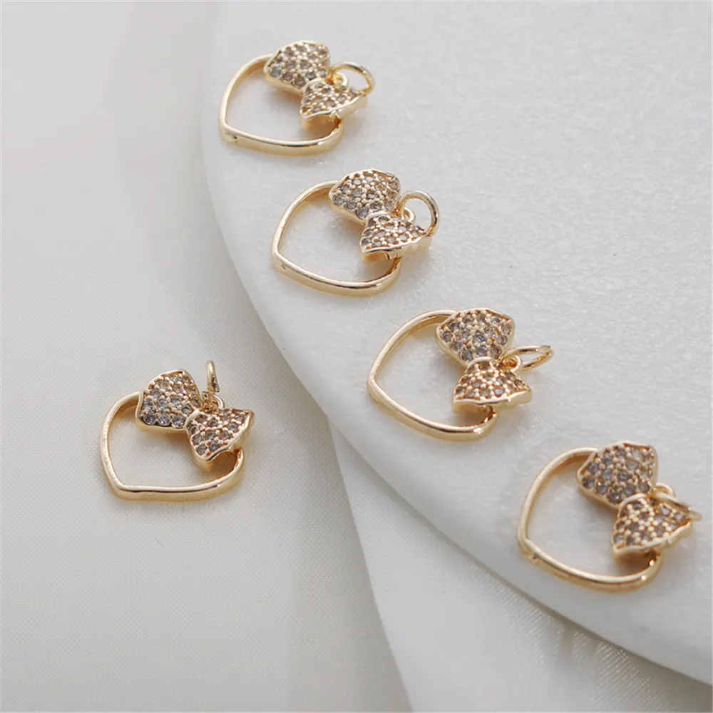 

14k gold color bow with diamond zircon 15mm heart pendant diy jewelry bracelet necklace pendant pendant