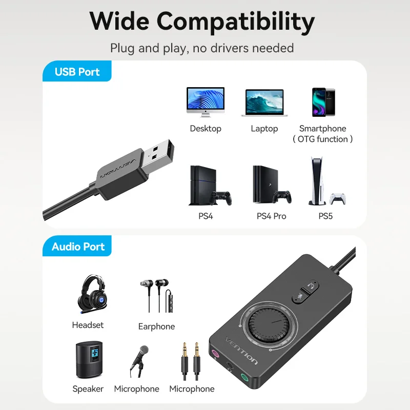Vention USB External Sound Card USB to 3.5mm Audio Adapter USB to Earphone Microphone for Macbook Computer Laptop PS4 Sound Card 3 Vention USB External Sound Card USB to 3.5mm Audio Adapter USB to Earphone Microphone for Macbook Computer Laptop PS4 Sound Card - Image 3