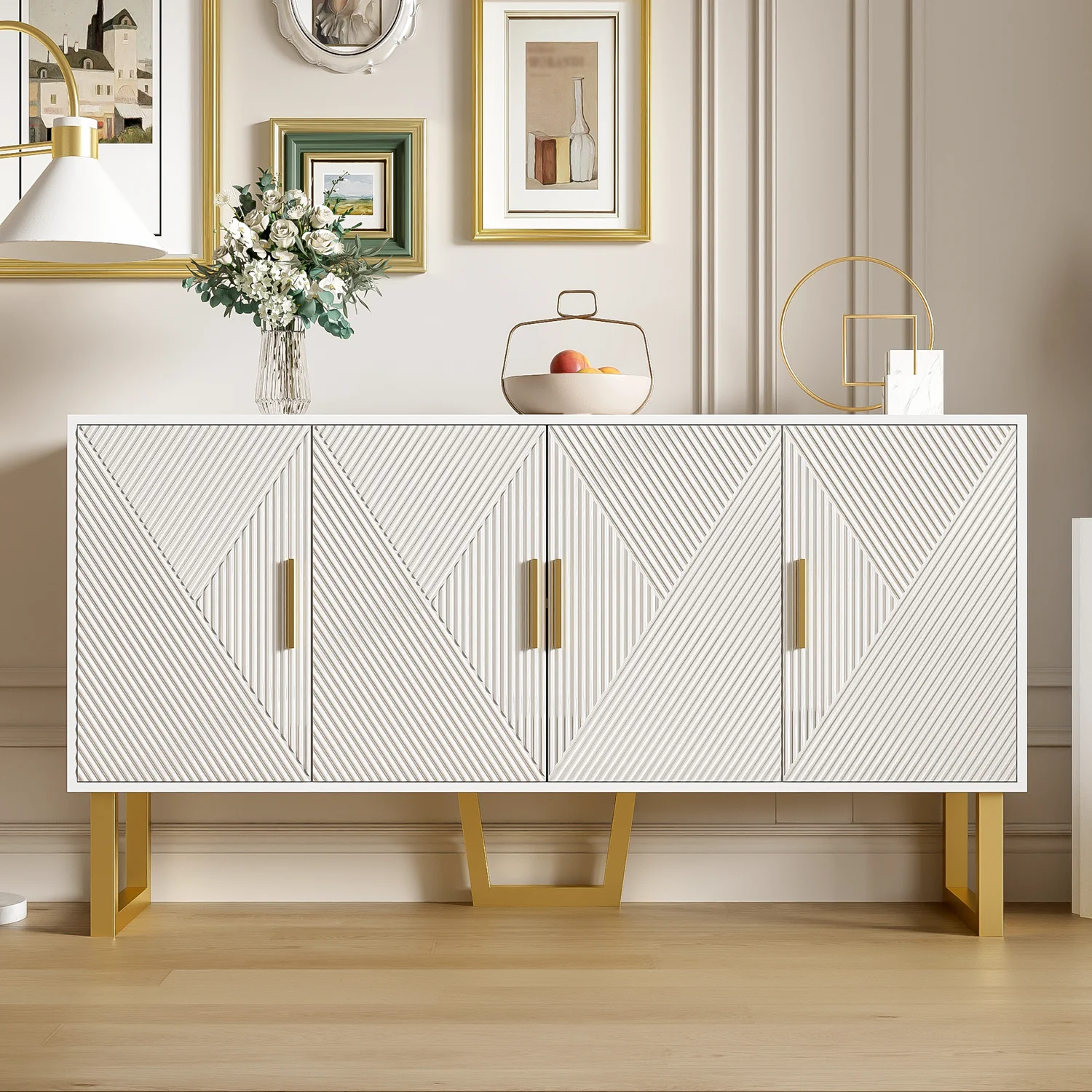 150cm modern, luxurious white sideboard, high-gloss structured doors gold handles 4-door design, height adjustable – Detail 5