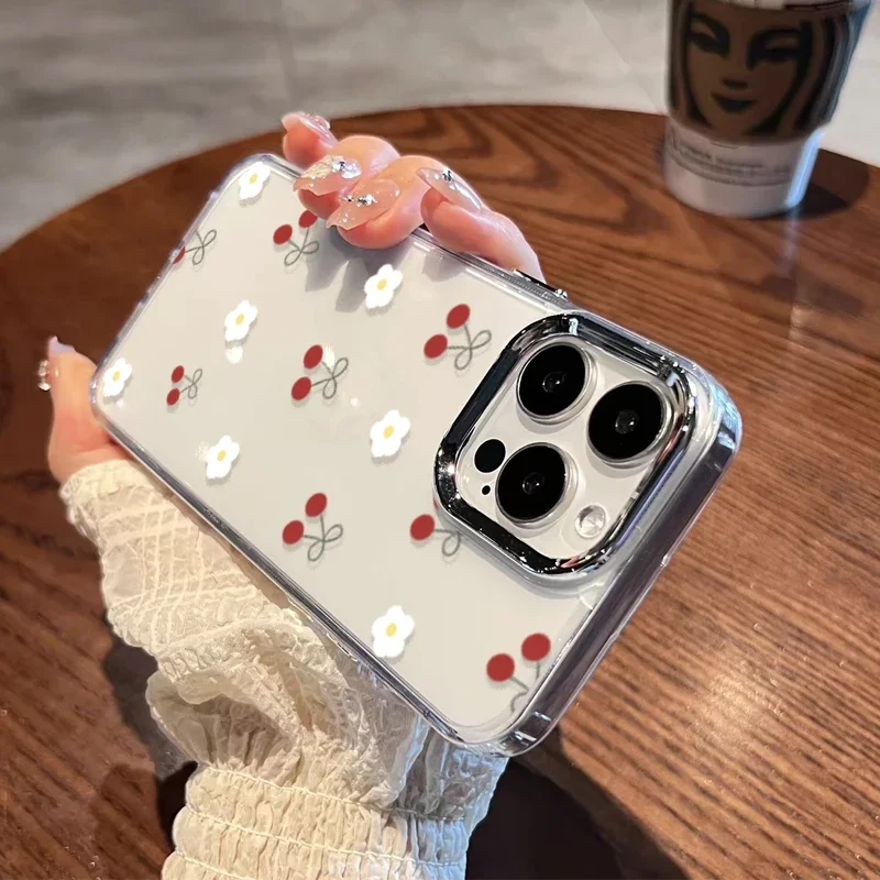 Elegant Cherry Lichee Flower Phone Case with Bow Design - Cute Plating Metal Lens, Clear and Soft