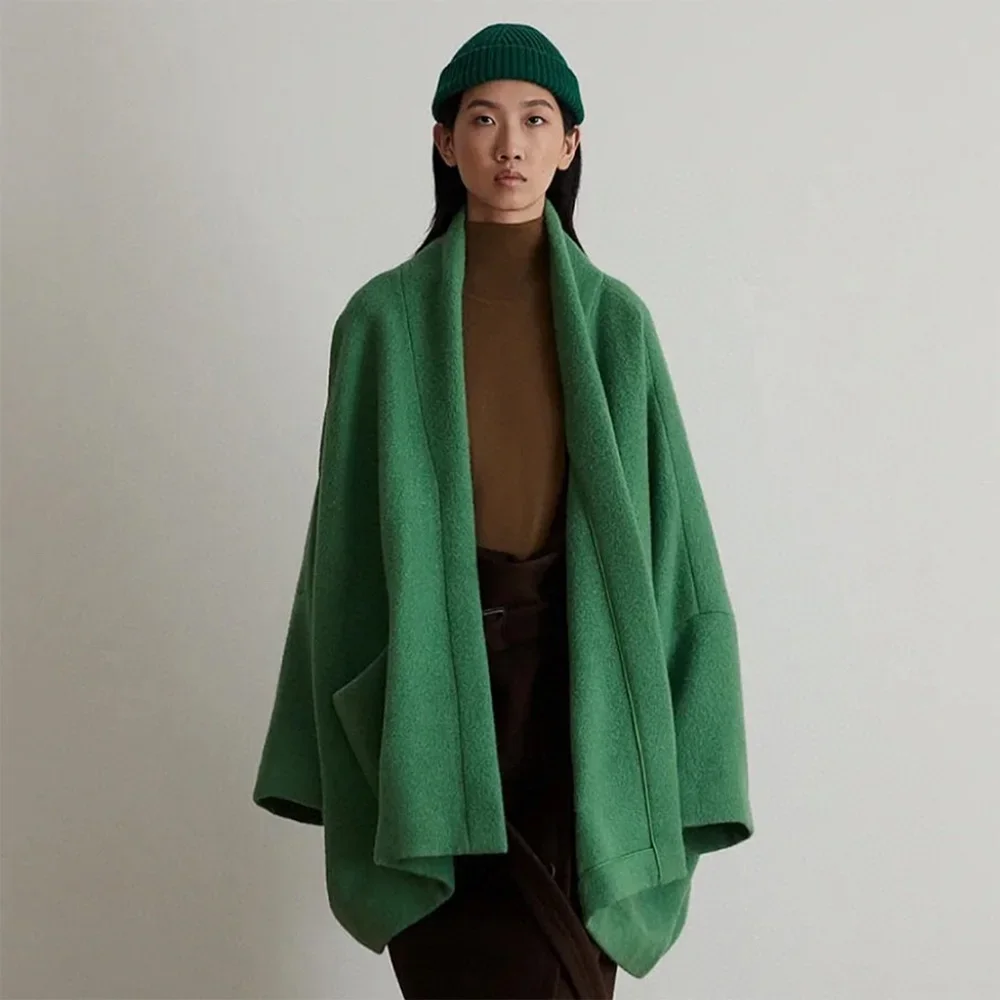 

NIGO Women's Spring And Autumn Green Pocket Alpaca Wool Blend Straight Poncho Coat Casual Jacket Ngvp #nigo7219