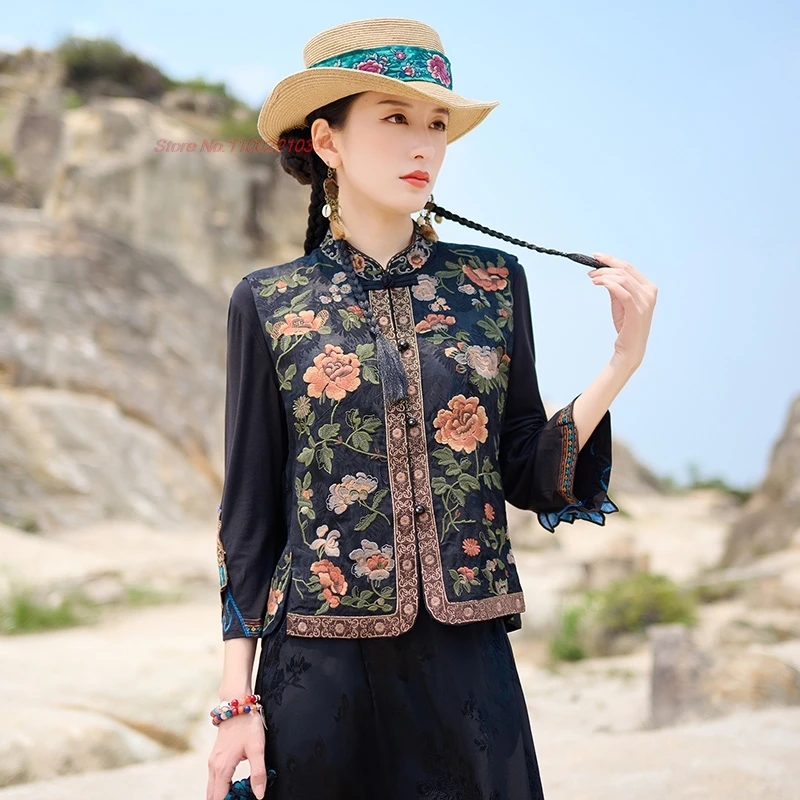 national flower embroidery satin jacquard vest chinese traditional stand collar folk vest oriental retro sleeveless jacket