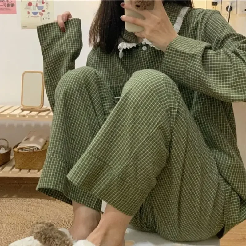 Plaid Casual Pajama Sets Women Single Breasted Ins Japan Turn-down Collar Nightwear Spring Fall Elastic Waist Homewear Mujer women pajamas set women pajama suit