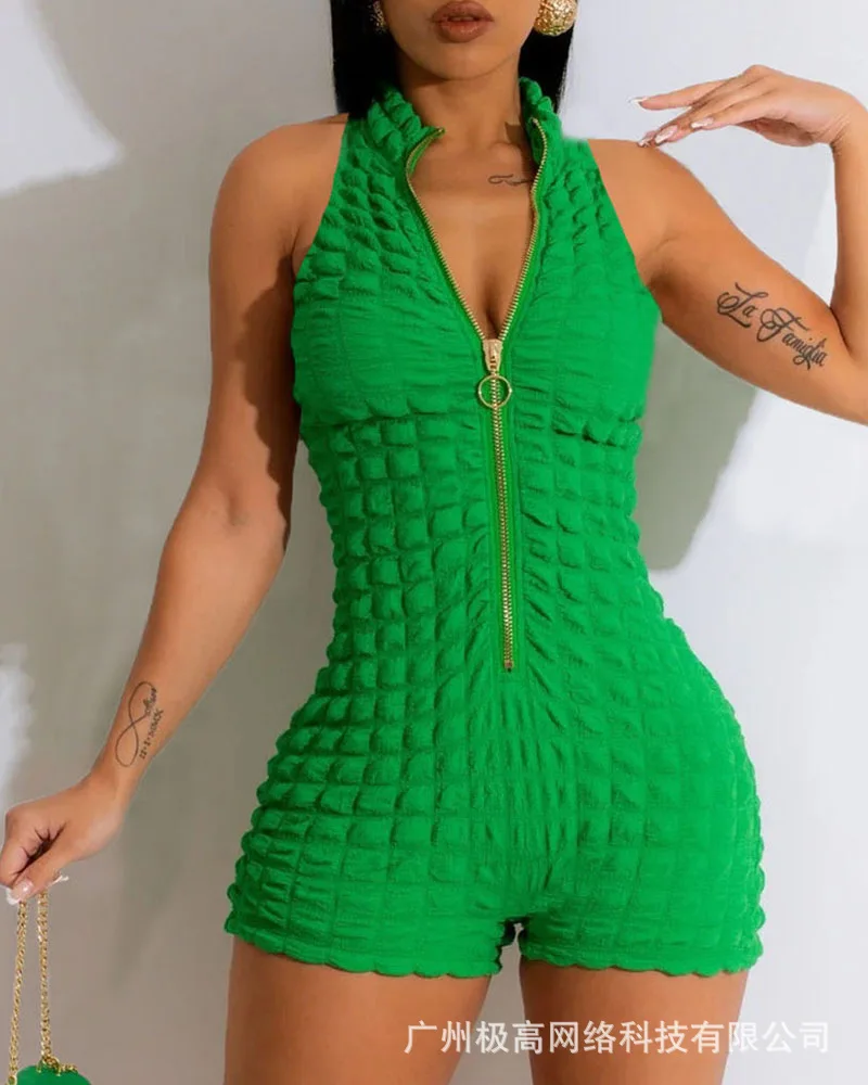 

Zipper Design Mock Neck Textured Romper Women Sleeveless Spring Summer Bodysuit Playsuit Shorts Pants