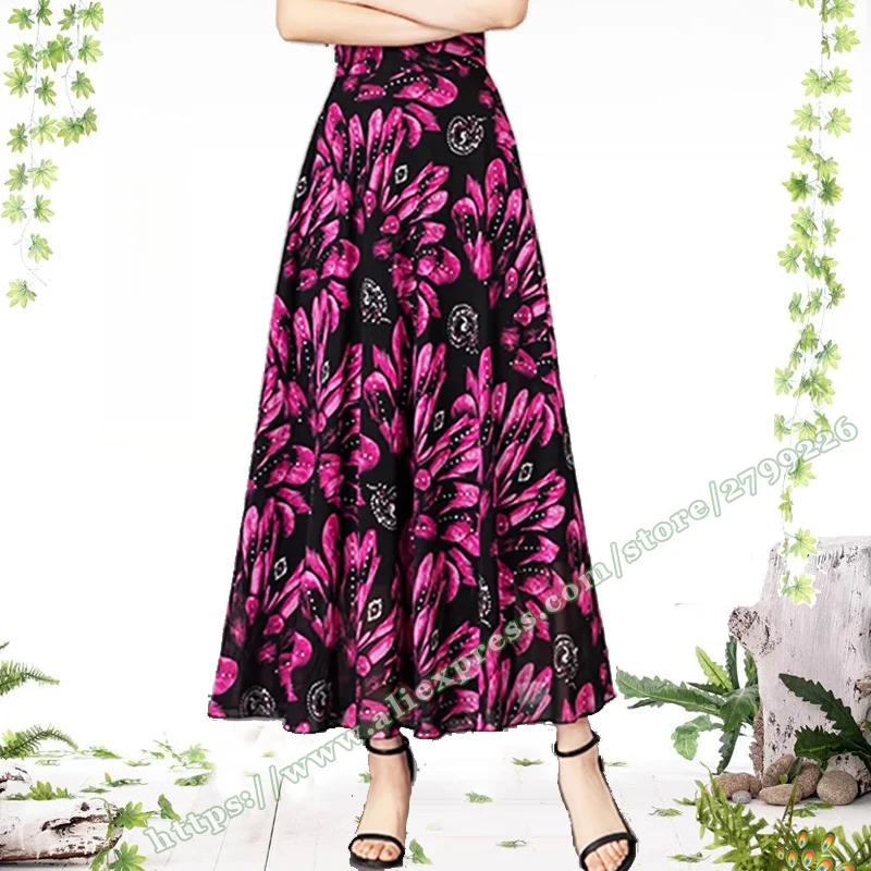 2024-new-rose-chiffon-flower-women's-long-skirt-summer-women's-plus-size-elegant-print-female-long-skirt-women