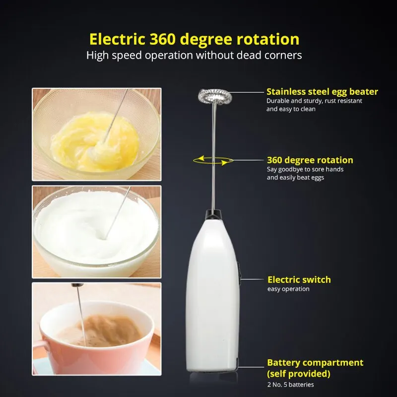 White Electric Egg Beater Milk Frother For Coffee Household Kitchen Mini Stainless Steel Coffee Milk Tea Blender Kitchentool 1Pc