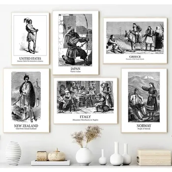 Vintage Italia Spagna Grecia Giappone Storia Poster Persone Ofthe World 1800s Tela in bianco e nero Pittura Home Decor Office Decor 1