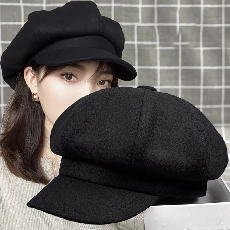 Women Octagonal Beret Hats Wool Blended Newsboy Hat Loose Cloud Top