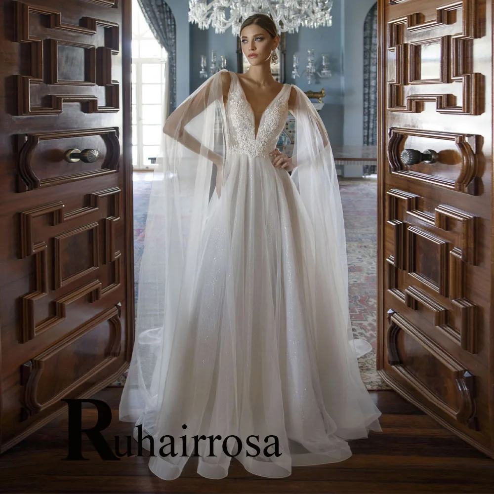 Ruhair Fashionable Wedding Gown for Women V-neck A-line Appliques Button Spaghetti Straps Tulle Vestido De Novia Customized