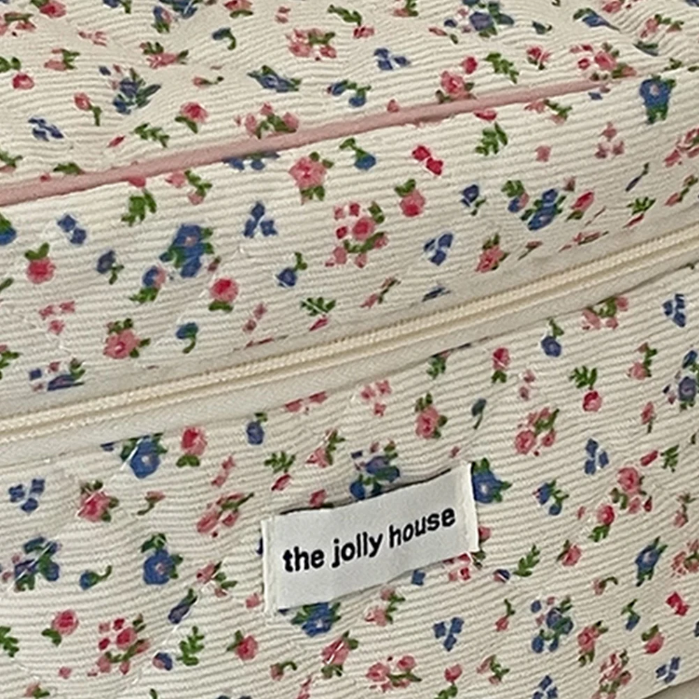 Floral Corduroy Travel Makeup Pouch with Zipper Makeup Organizer Storage Bag Cute Cosmetic Organizer Case for Women and Girls