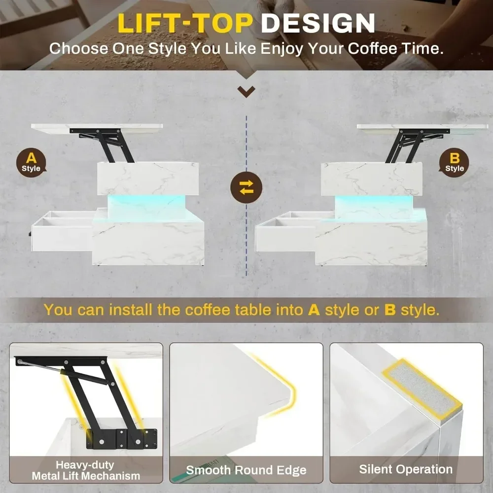 40" Lift Top Coffee Table, Coffee Tables with Storage for Living Room, Small Coffee Table with 2 Fabric Drawers & LED Lig 6