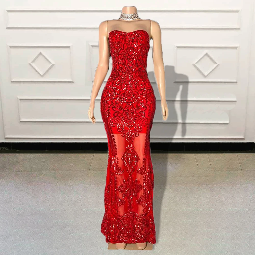 

Sparkly Sequined Red Mermaid Long Prom Dress for Graduation Party 2023 Sexy Sheer Mesh Women Formal Evening Gowns Custom Made