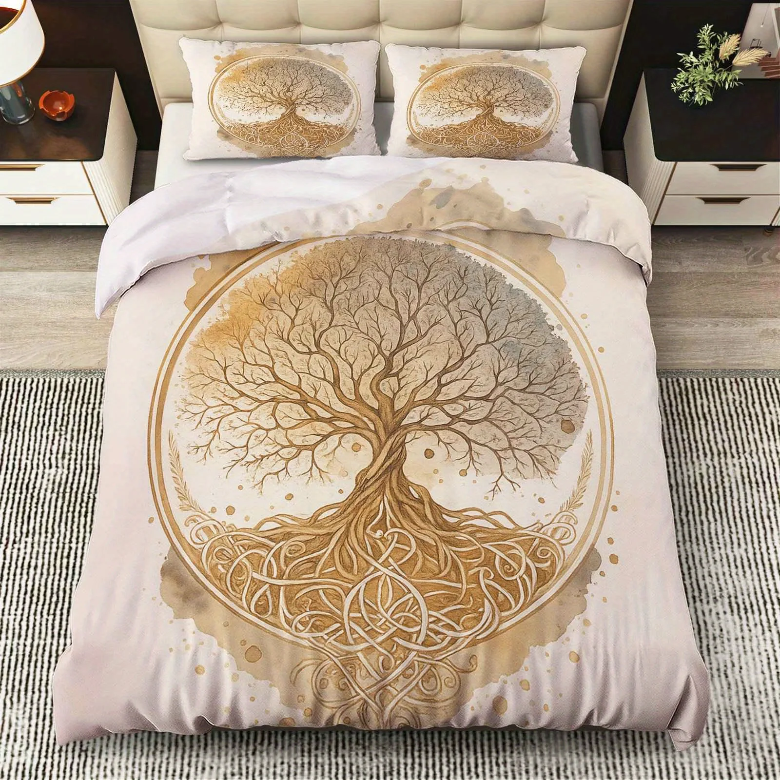 3Pcs Tree of Life Duvet Cover Set, Natural Art Theme Bedding with Pillowcases, Artistic Design for Bedroom Living Room Study