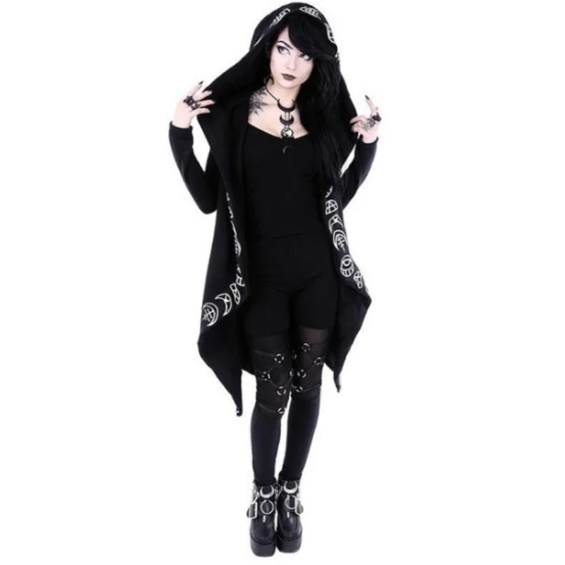 

2022 Black Long Gothic Punk Women Hoodies Sweatshirts Autumn Moon Print Long Sleeve Hoodie Women Loose Coat Hooded Sweatshirt