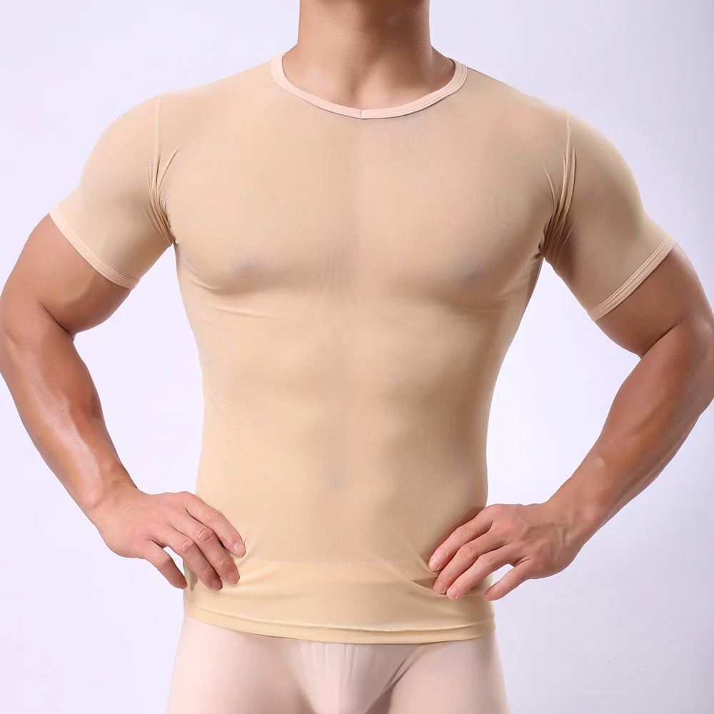 Men Mesh T Shirt Sexy Short Sleeve Muscle Undershirts Summer Ultra-thin Transparenr See Through Tee Shirt O-Neck Slim men mesh t shirt men underwear
