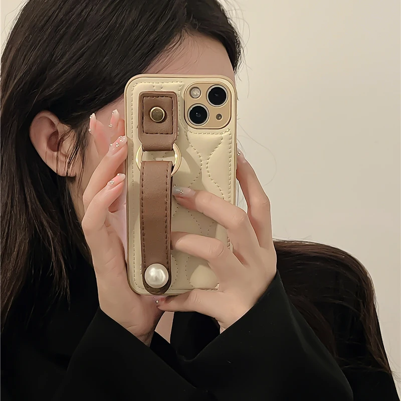 Fashion PU Leather Pearl Wrist Strap Stand Case For iPhone