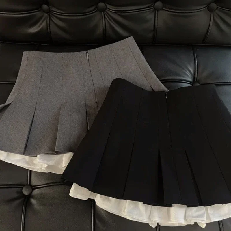 Ruffles Black Mini Skirt Women Korean Patchwork Pleated Skirts Japanese Kawaii High Waist All Match A Line Skirt New 2