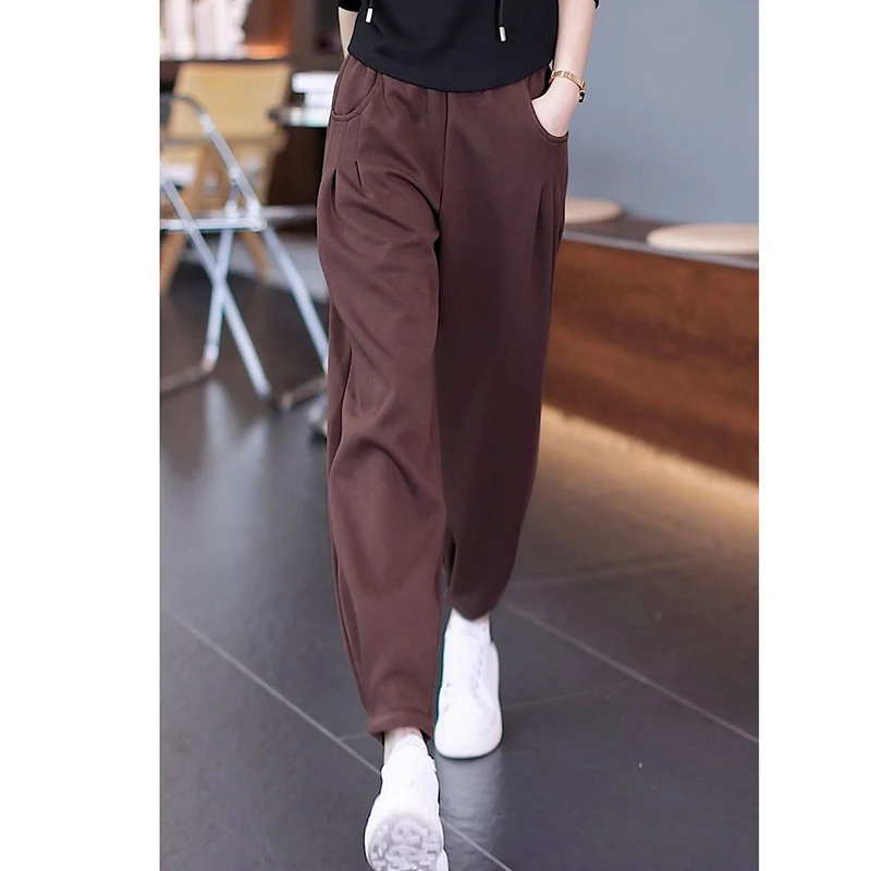 Autumn Winter Elastic High Waist Loose Casual Lanter Pants Women Solid Color Add Plush All-match Fashion Trousers Female Clothes