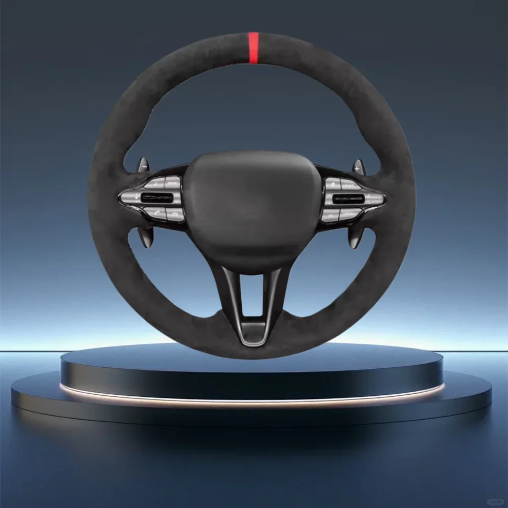 Luxury Hand-Stitched Non-Slip Suede Steering Wheel Cover in Black