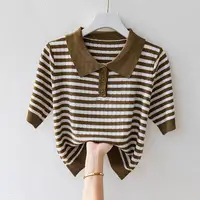 Ice Silk Mid-sleeved Women's Sweater Summer Short Striped Lapel Fashionable High-end Shirt Polo Shirt T-shirt Top