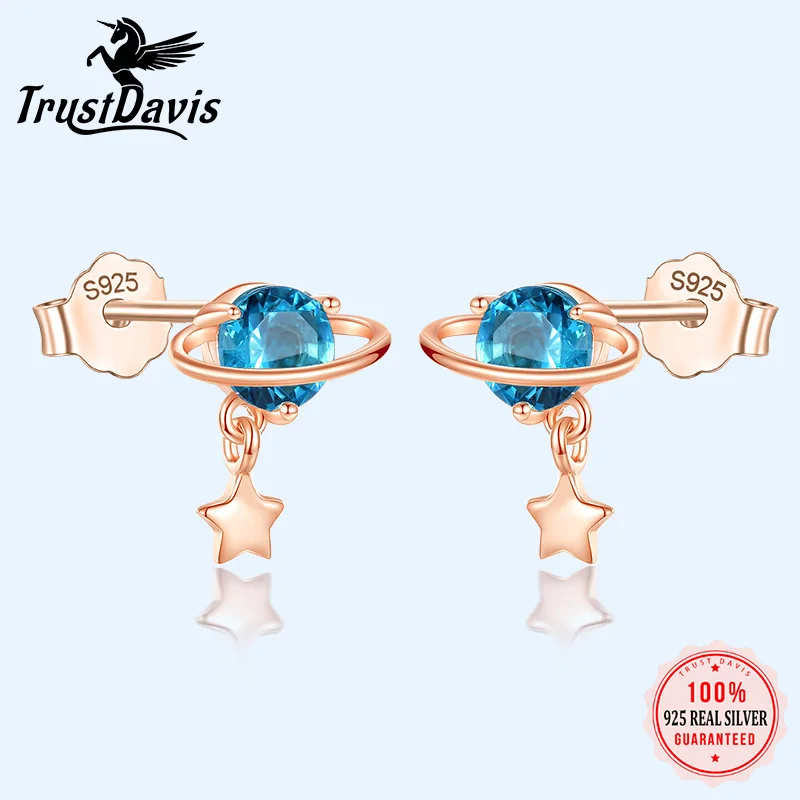 Sterling Silver Earring Jewelry Fashion Black CZ Stone Star Planet Stud Earrings