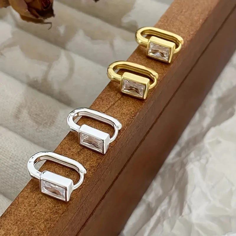 Huitan Rectangular Cubic Zirconia Hoop Earrings Gold Color Model