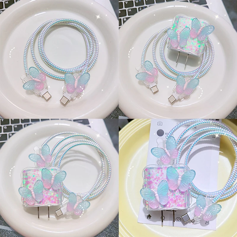 4Pcs/Set Butterfly Flowers Charging USB Data Cable Protector Cover For IPhone 20W Charger Data Line Protective Case Winder Kits