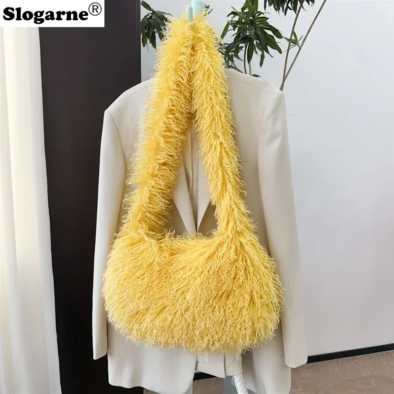 Women Fashion Faux Mongolia Sheep Fur handbags Beach Faux Wool Fur Shoulder Bag Ladies Faux Furs Handbag Luxury Crossbody Bags