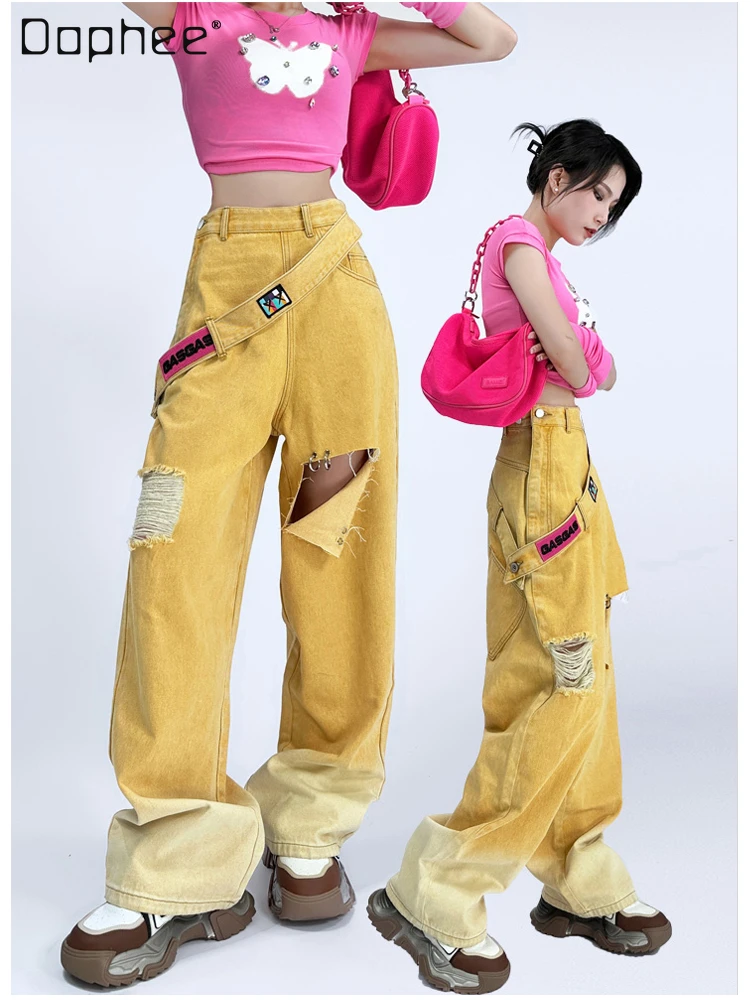 

Новые летние уличные рваные желтые мешковатые джинсы с градиентом и завязкой для женщин повседневные потертые красные прямые тонкие джинсы для похудения