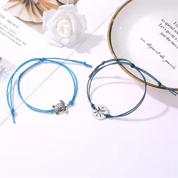 Alternative view of 2pcs Set Cute Creative Sliver Color Compass Turtle Blue Double Thin Rope Bracelet for Women Men Fold Wear Retro Jewelry Set Gift
