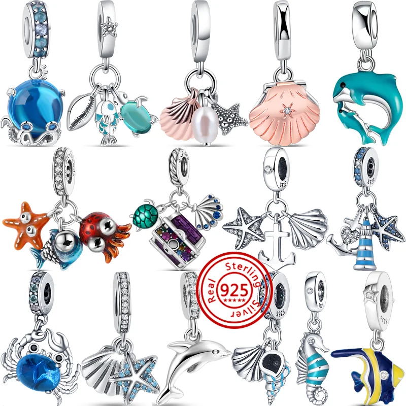 

925 Sterling Silver Blue Glass Turtle Starfish Shell Pearl Dolphin Dangle Charm Beads Fit Original Pandora Bracelet Fine Jewelry