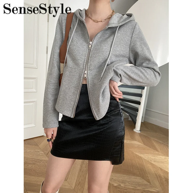 

Spring Double Zipper Slim Hooded Hoodies Women High Waist Pocket Casual Cardigans Cotton Tops