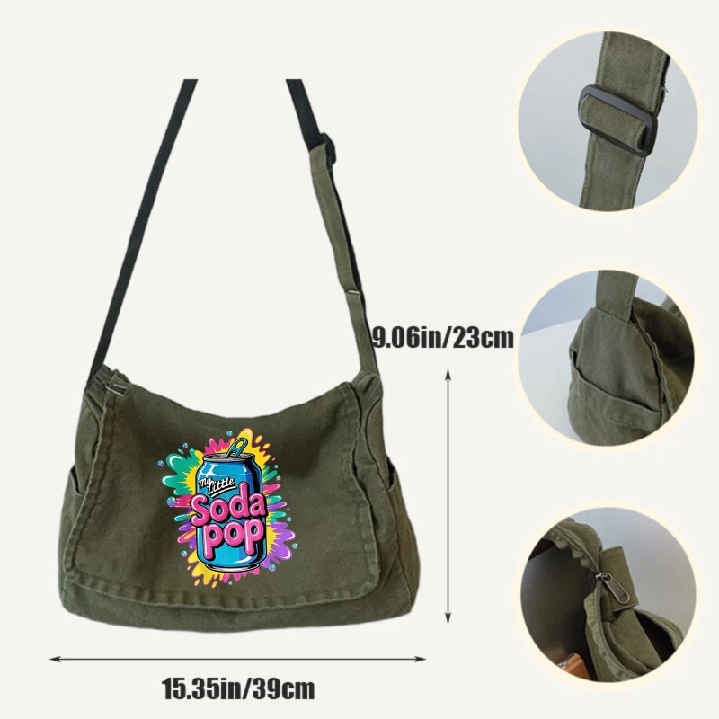 Retro Women's Shoulder Bag Canvas Soda Pop Print Large Capacity Crossbody Bag for Daily Messenger Bag