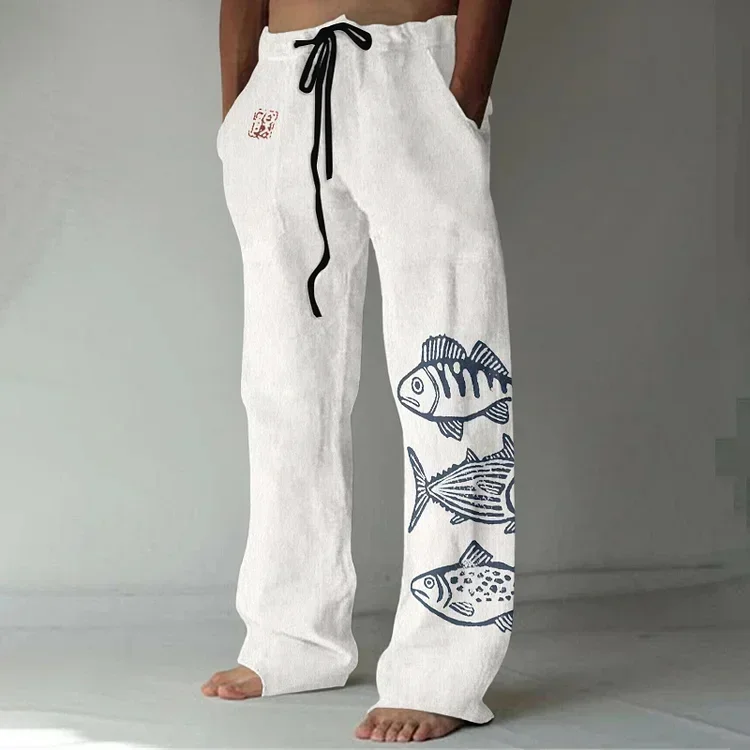 Fashion new simple pattern printed men's casual pants comfortable bamboo linen handsome straight pants loose daily leisure 4