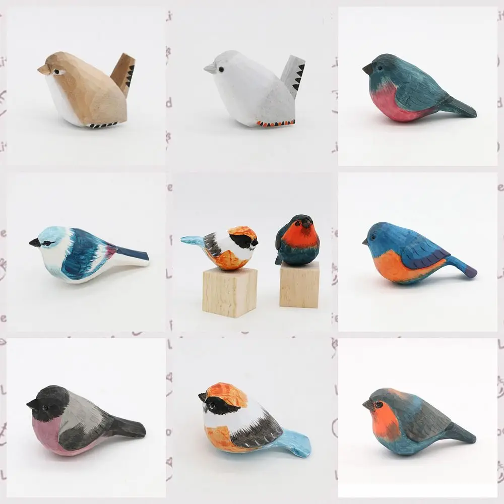 Creative Cute Wood Carving Bird Handmade Carving Small Bird Ornament Mini Painting Wooden Bird Figurine Birthday Gift