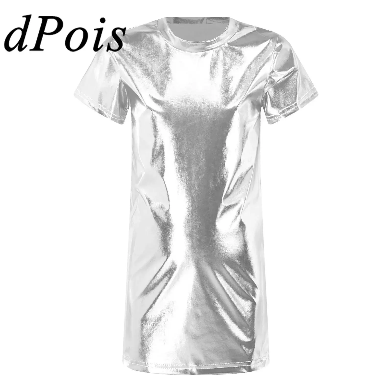 

Детская Блестящая футболка с металлическим блеском для девочек, топы с круглым вырезом и коротким рукавом для джазовых танцев, одежда в стиле хип-хоп, уличные танцевальные костюмы