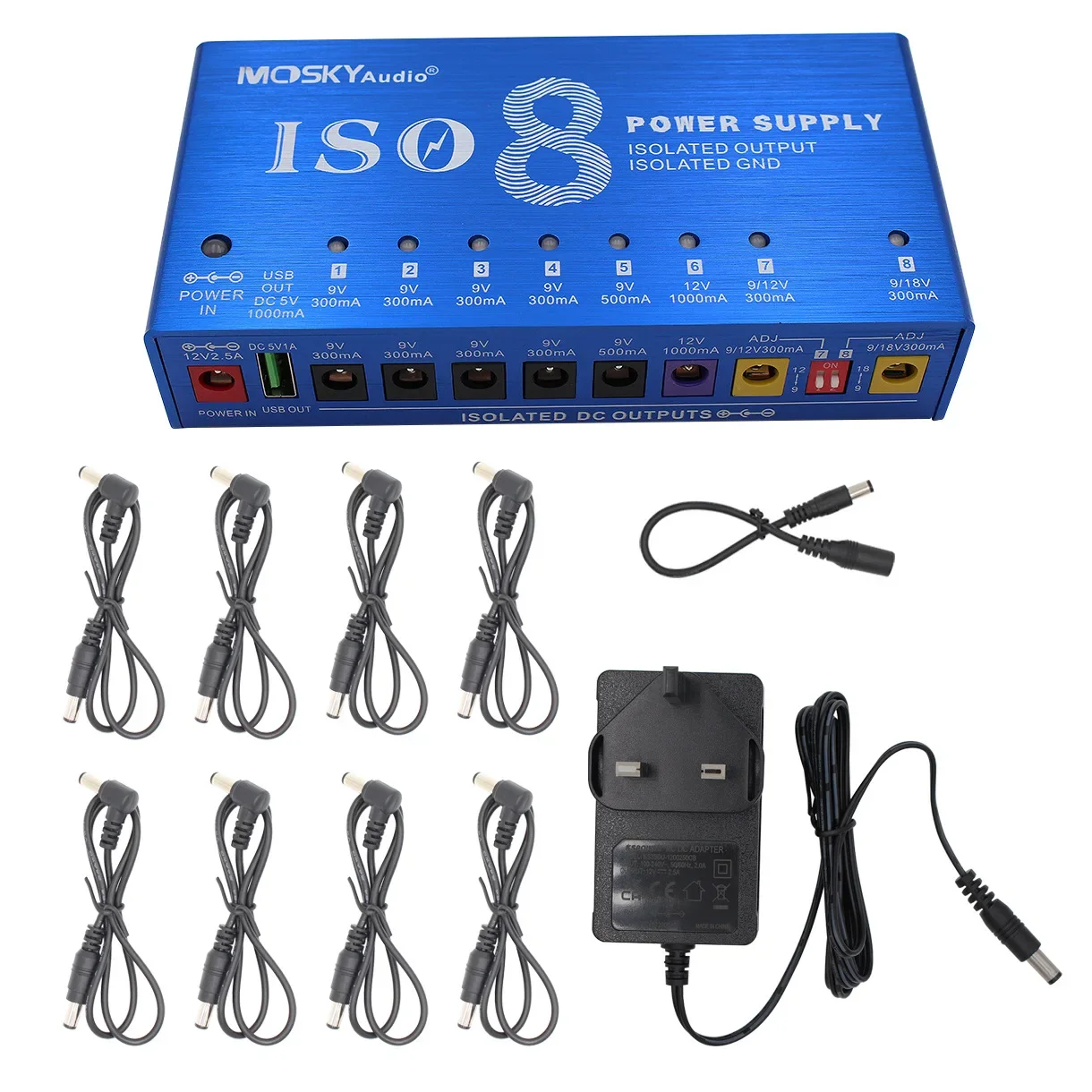 Mosky ISO-8 Guitar Effect Pedal Power Supply 8 Isolated DC Outputs/5V USB Output For 9V 12V 18V Guitar Pedal
