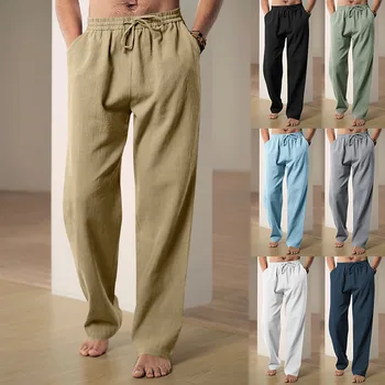 Men's Summer Casual Straight Leg Pants Fashionable Comfortable Cotton Linen Breathable Loose Tracksuit Trousers