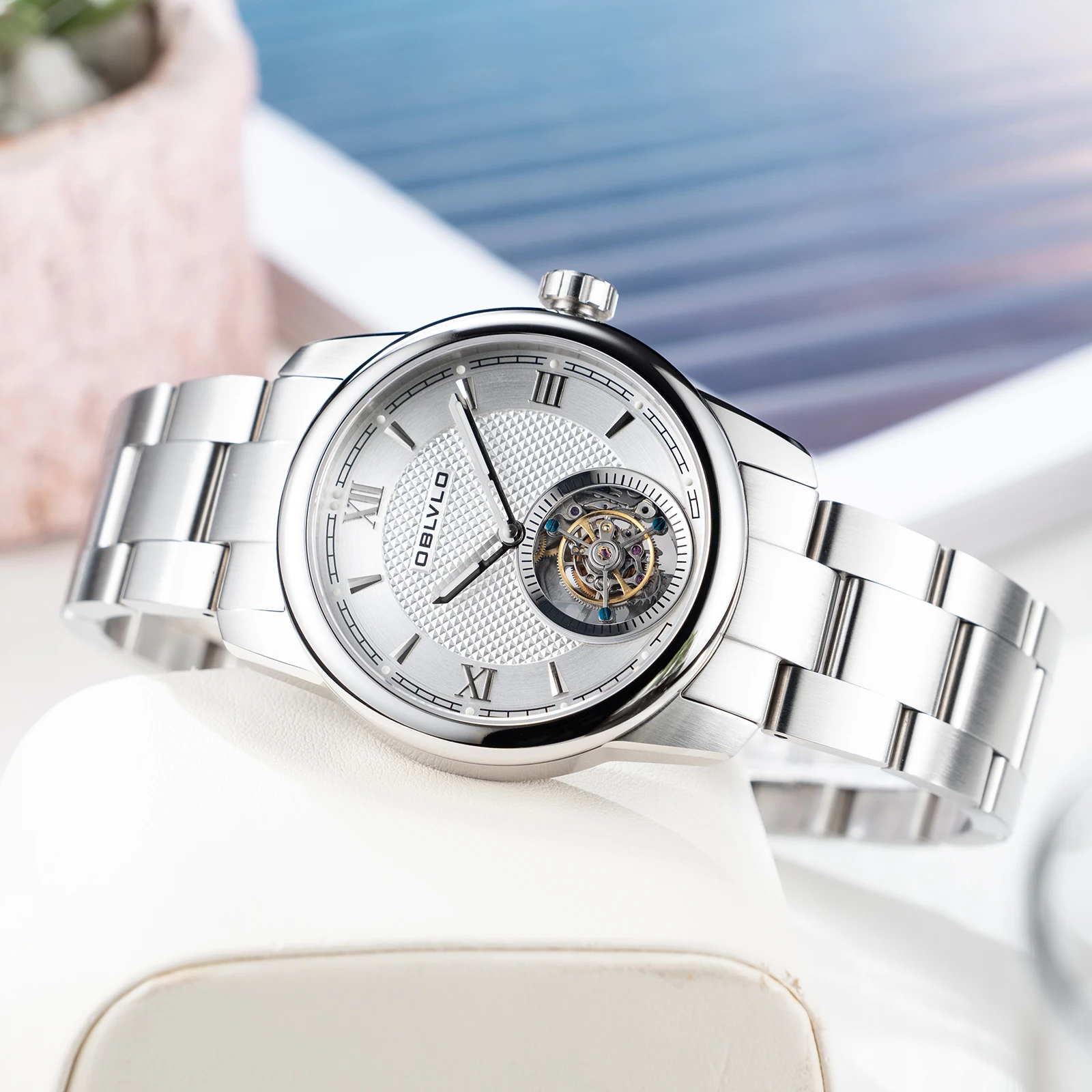Oblvo-男性用自動巻き時計,ステンレススチール,透明なケースバック
