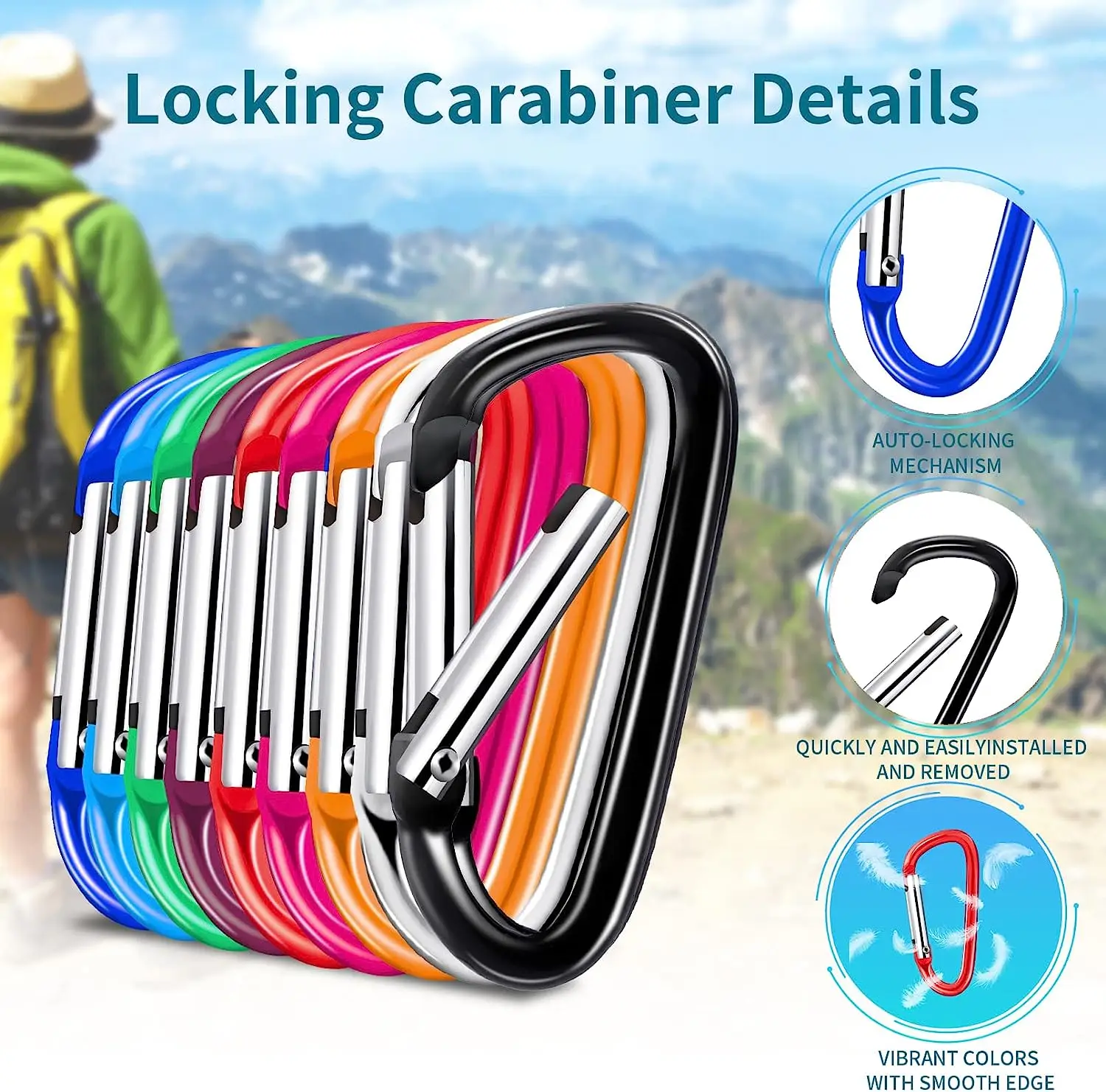 Description Picture 2 of itemColorful Carabiner Keychain Alluminum D-ring Buckle Spring Carabiner Snap Hook Clip Keychains Outdoor Camping Daily Use Tool