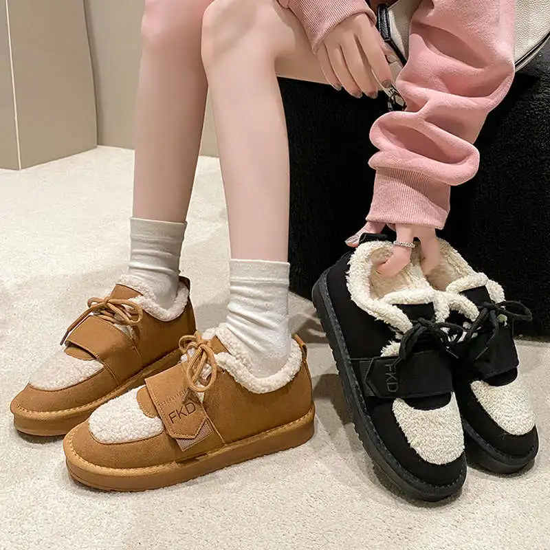 

Loafers Fur Casual Woman Shoe Round Toe Cross New Slip-on Winter Retro Hook & Loop Lace-Up Cross-tied Solid Flock Basic Rubber