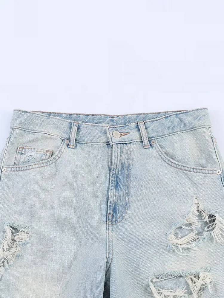 Women Jeans Pants 2026 Summer Solid Denim Hole High Waist Button Pockets Female Elegant Street Loose Jeans Clothing, view 3
