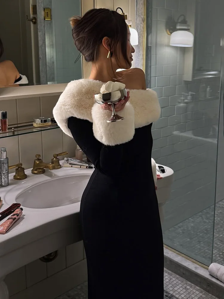 Vestido de manga larga con abertura y empalme de felpa para mujer, sexy, con cuello oblicuo, elegante, para fiesta de invierno.